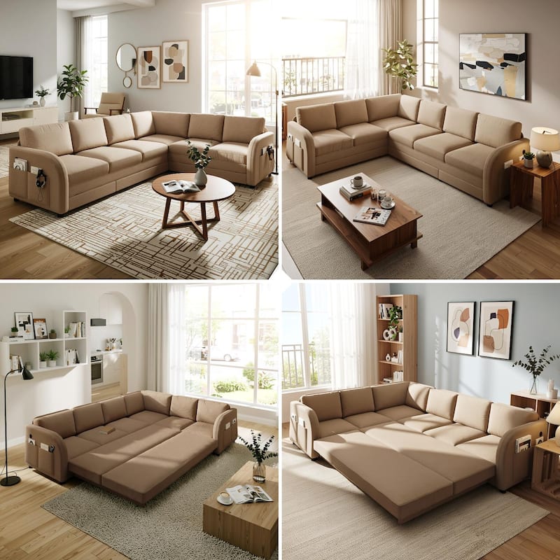 Homy Casa 85"/115" L-Shaped Sectional Sofa Bed USB & Side Pocket, Teddy Fabric Pull-Out Sleeper, Reversible Chaise, Multi Colors