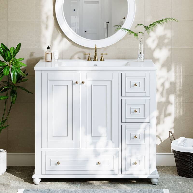 Solid Wood Modern Bathroom Vanity with Ceramic Sink, Adjustable Shelf Storage