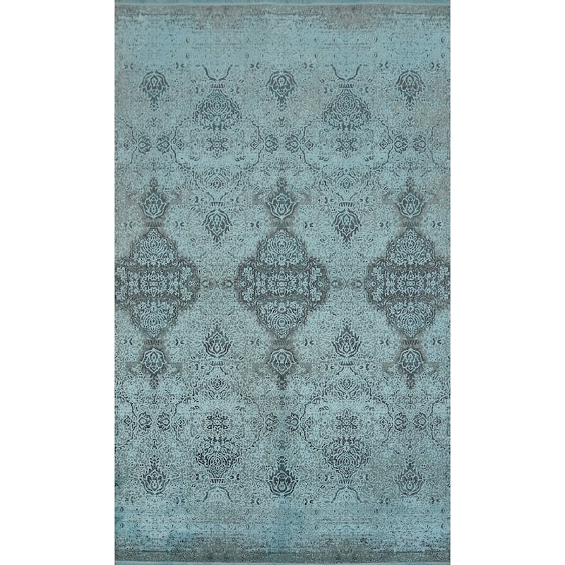 Machine Made Oriental Polyester Carpet Traditional Floral Navy Blue & Blues Agra Area Rug - 7' 5'' X 5' 2''
