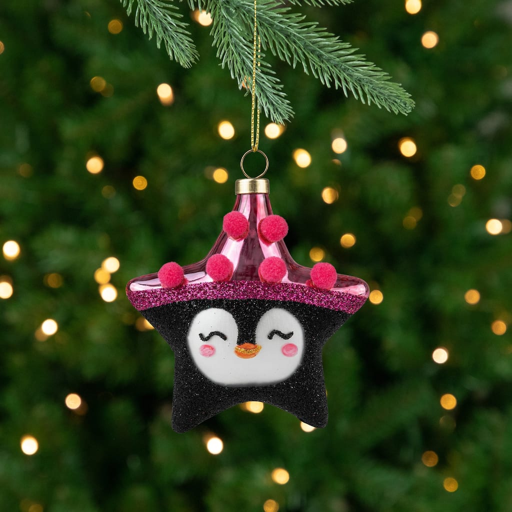3.75" Pink and Black Penguin Star Christmas Ornament