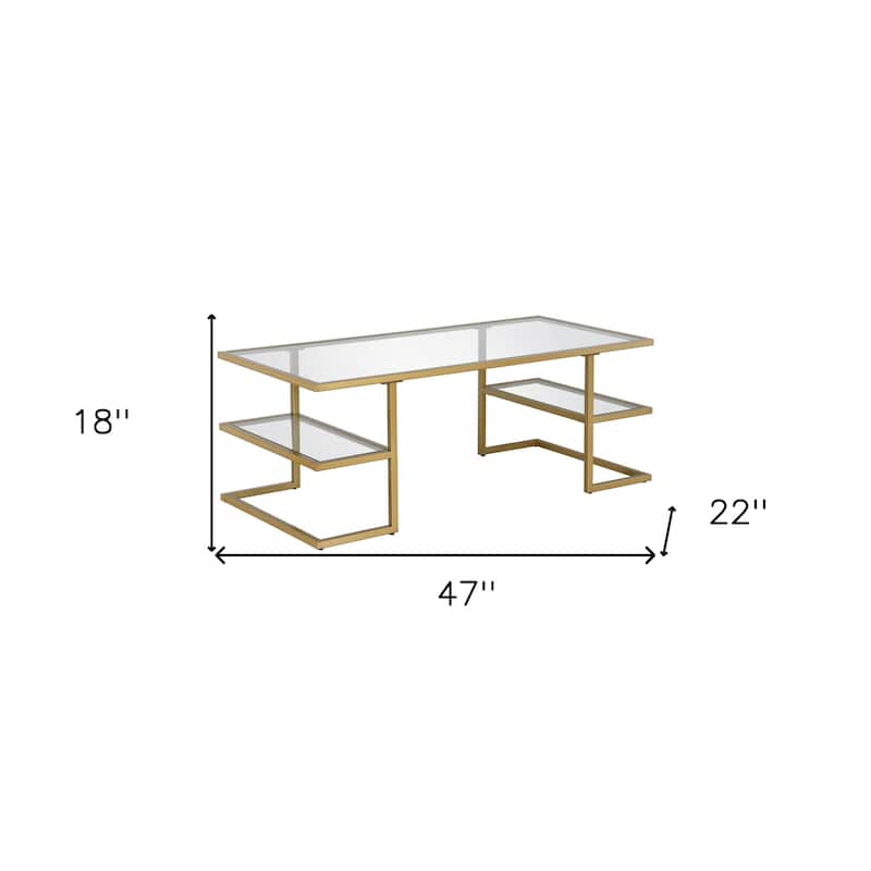 Sleek 47 Inch Rectangular Coffee Table with Glass Top and Steel Frame 2 Shelves for Storage - 47"L x 22"W x 18"H