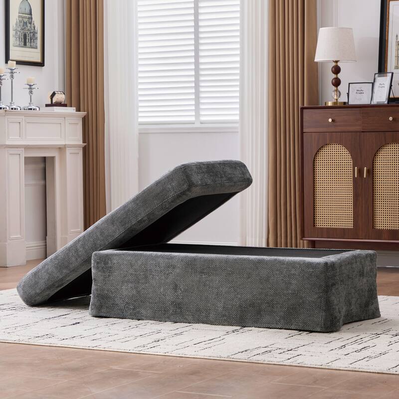 46" Wide Modern Upholstered Chenille Ottoman, Foot Stool Square Footrest with Black Metal Legs for Living Room, Bedroom