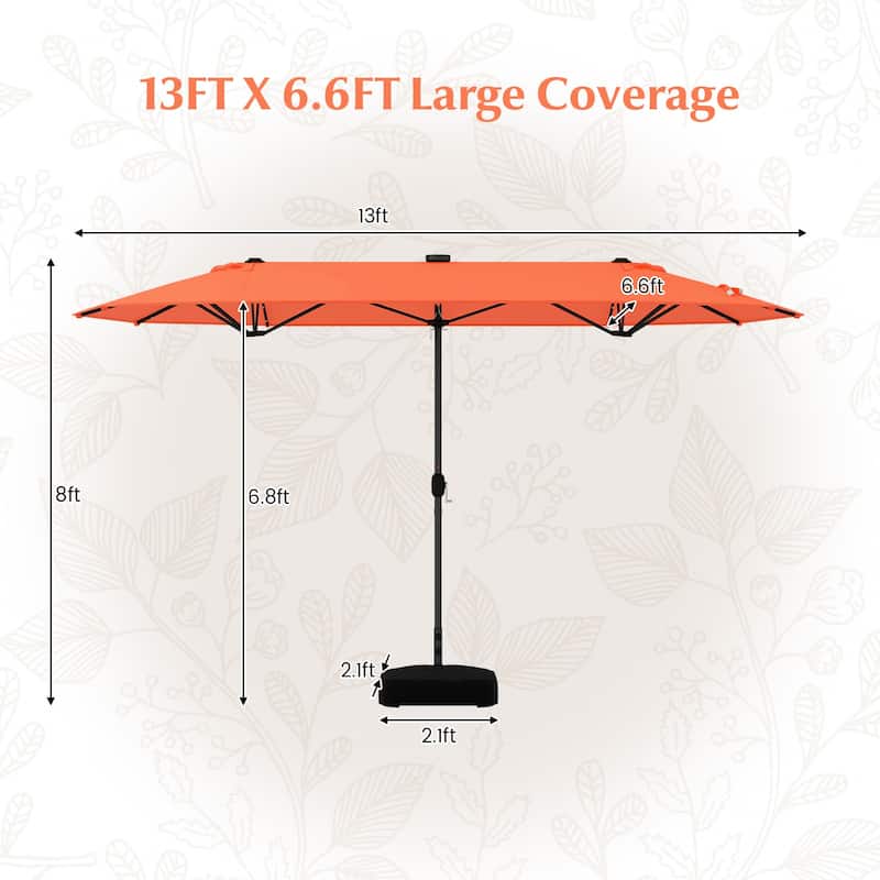 Large 13 Feet Double-Sided Outdoor Patio Umbrella with LED Lights and UV Protection Included Weighted Base