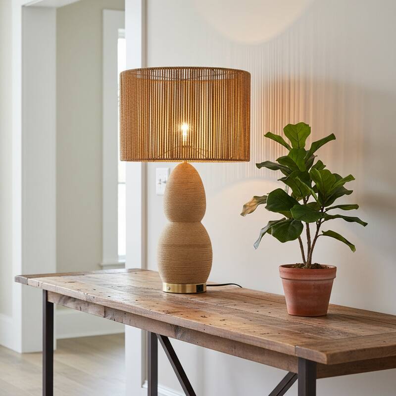 Brise 27" Rattan Table Lamp with USB 3-Way Touch Dimmer