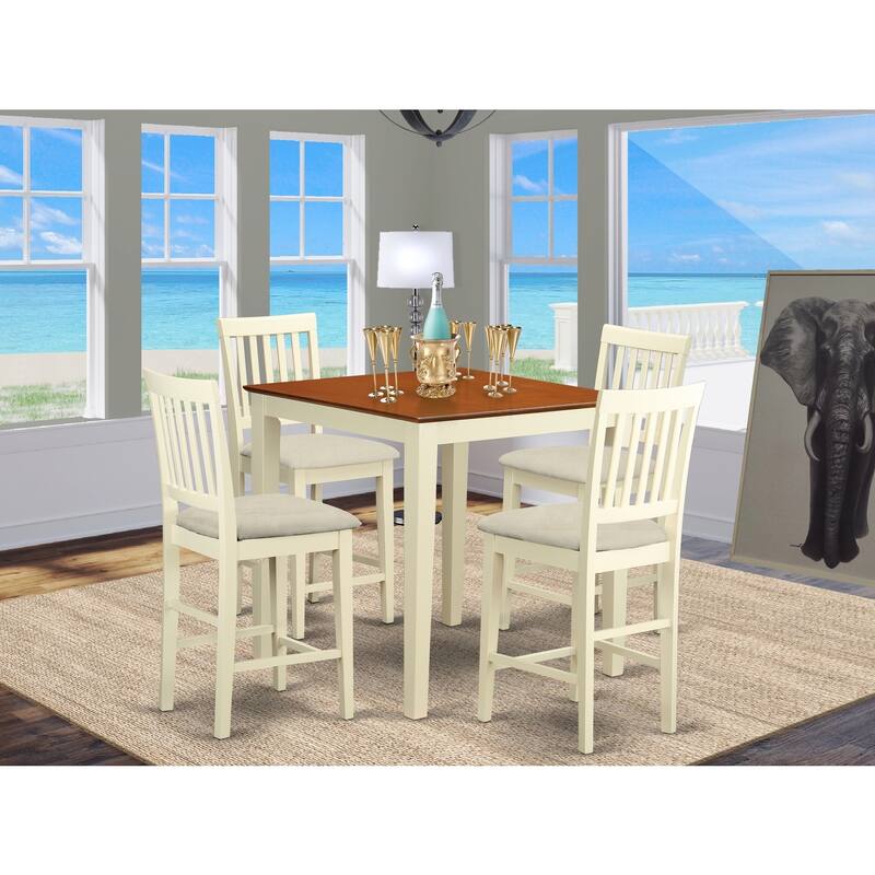 Counter Height Dining Set - 5 Piece Square Table & Chairs - Modern Kitchen Set - Buttermilk & Cherry Finish