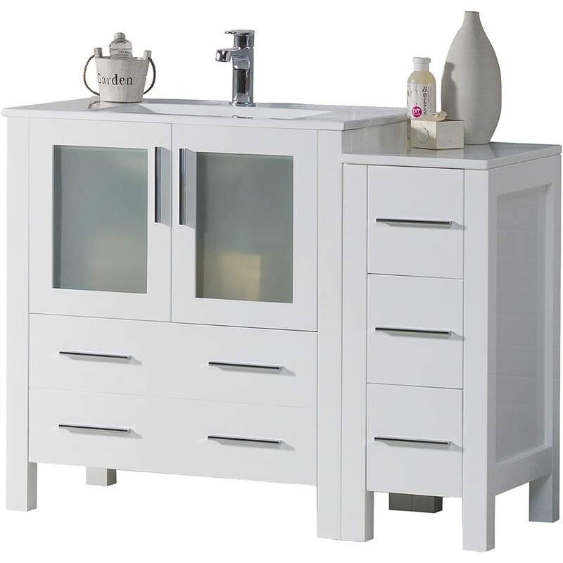 Blossom 42" Solid Wood Bathroom Vanity w/ Ceramic Sink & Side Cabinet - Glossy White