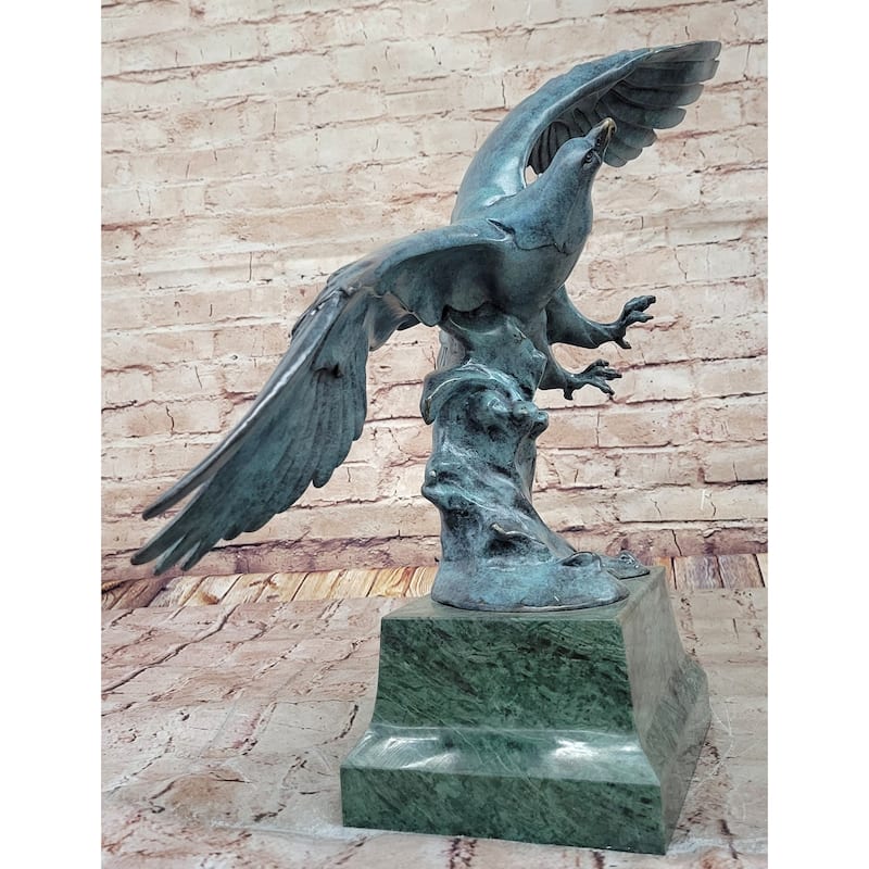 American Bald Eagle Wings Spread Green Bronze Sculpture Statue On Marble Base