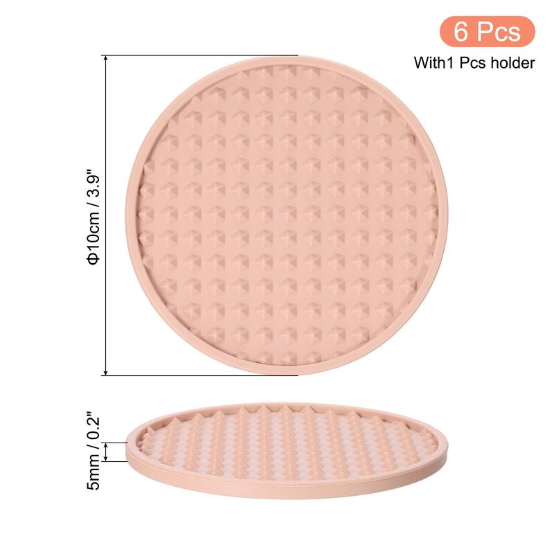 6pcs Silicone Drink Coasters with Holder for Desk Furniture Protection - Pink