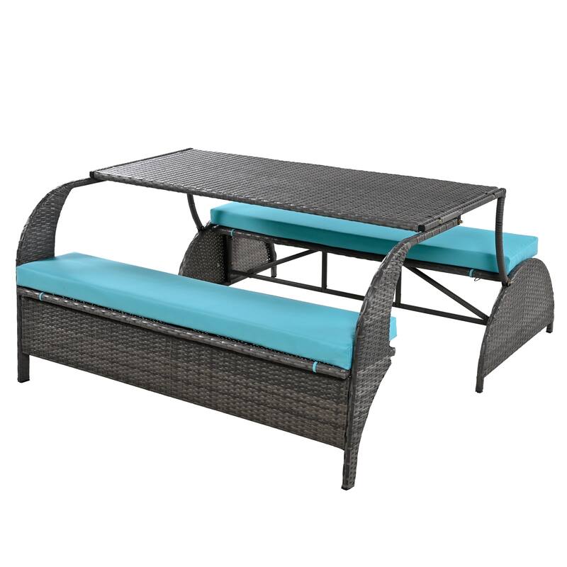 Outdoor Convertible Rattan Loveseat Conversation Sofa Set with Dining Function