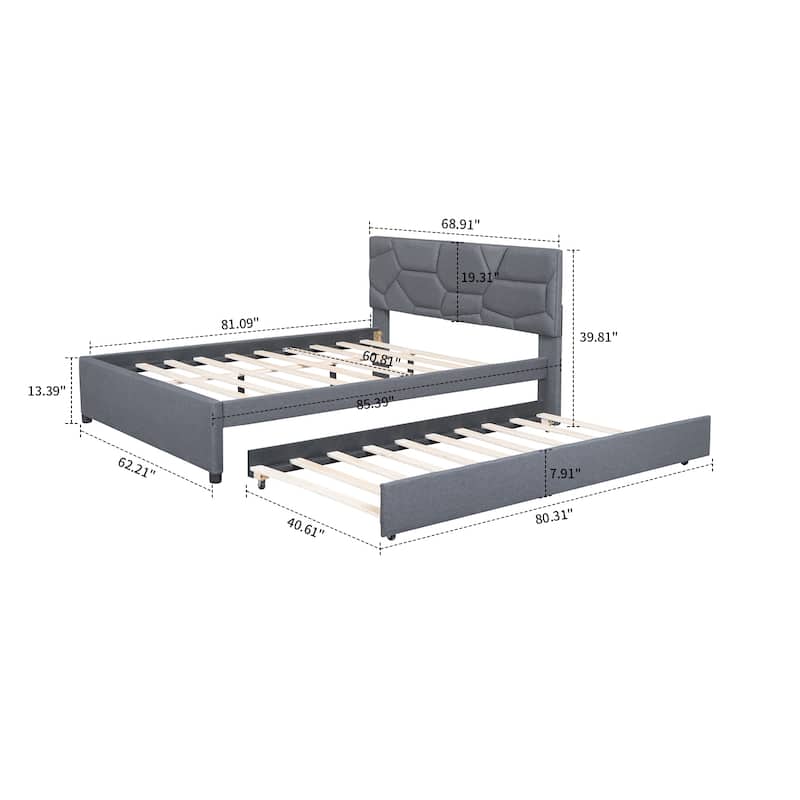 Modern Stylish Linen Fabric Upholstered Platform Bed with Trundle Bed