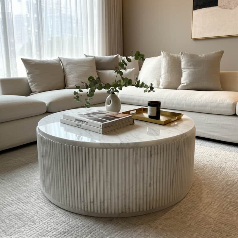 Marble Coffee Table Fluted Round Covered Outdoor Areas - 17" White - 36" x 36" x 17" - 36" x 36" x 17" - White - Marble
