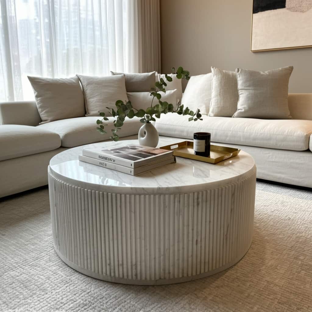 Marble Coffee Table Fluted Round Covered Outdoor Areas - 17" White - 36" x 36" x 17"