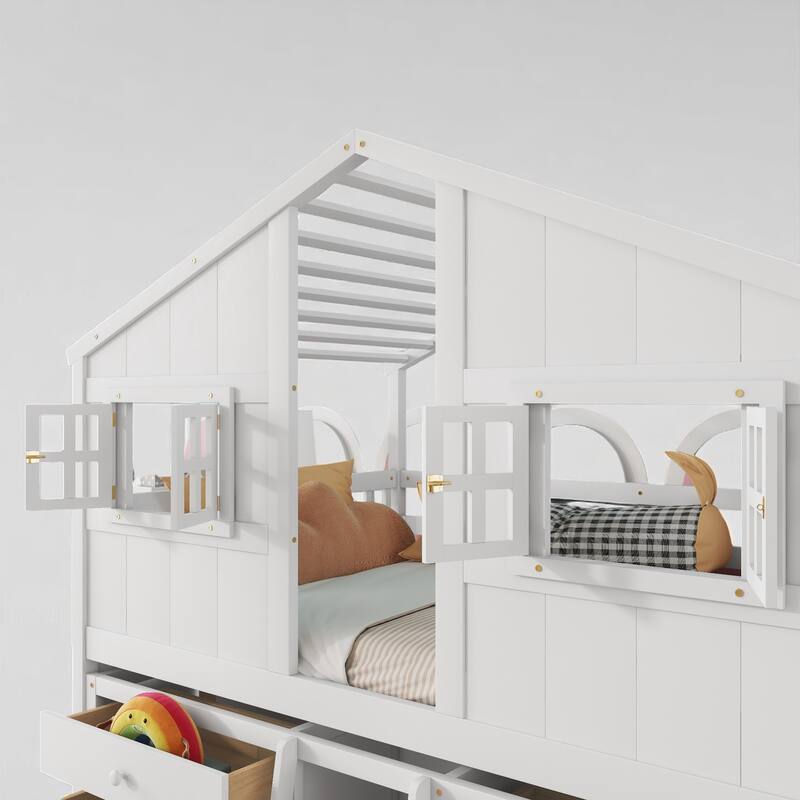 Full House-Themed Loft Bed with Ladder, Roof, Windows, Safety Rails and Storage Drawers for Kids