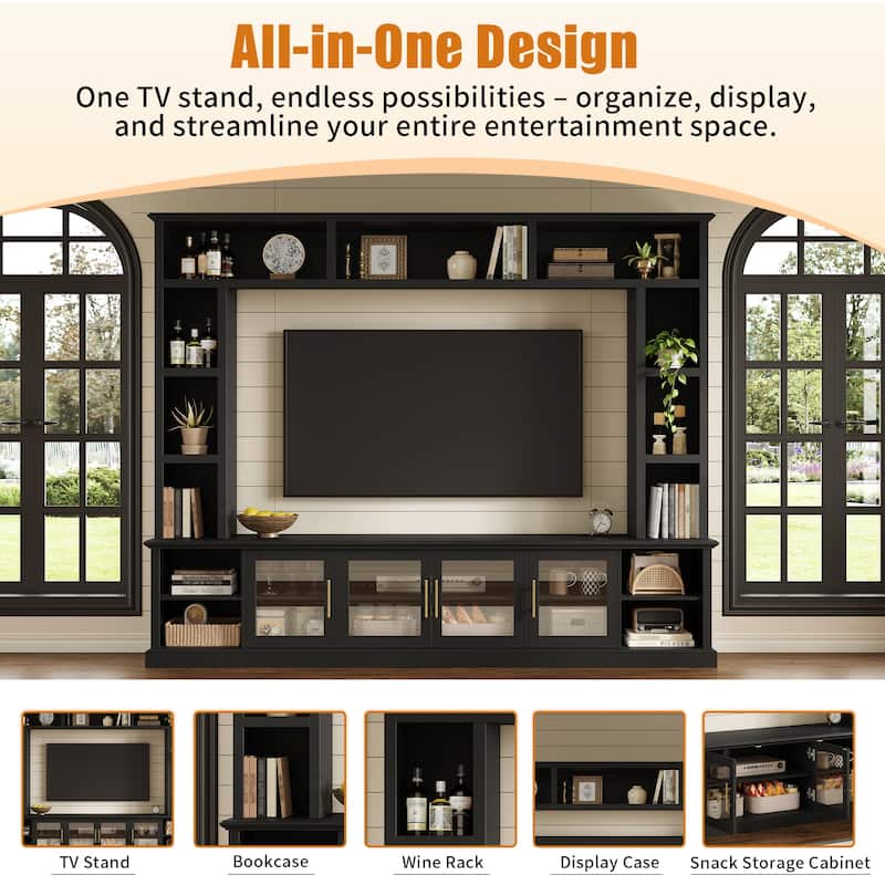 Entertainment Center Wall Unit for TVs up to 80", All-in-One TV Stand Glass Doors Storage Cabinet Bookcase Wine Rack