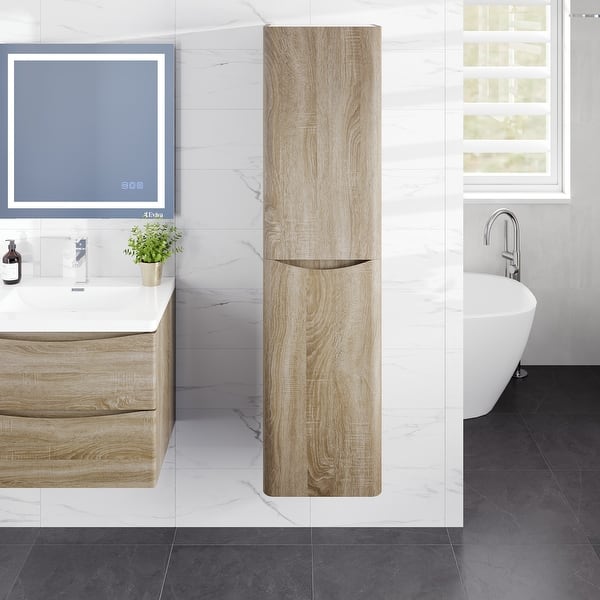 slide 2 of 8, Eviva Smile 16"W x 15"D x 75"H White Oak Wall-Mounted Linen Cabinet