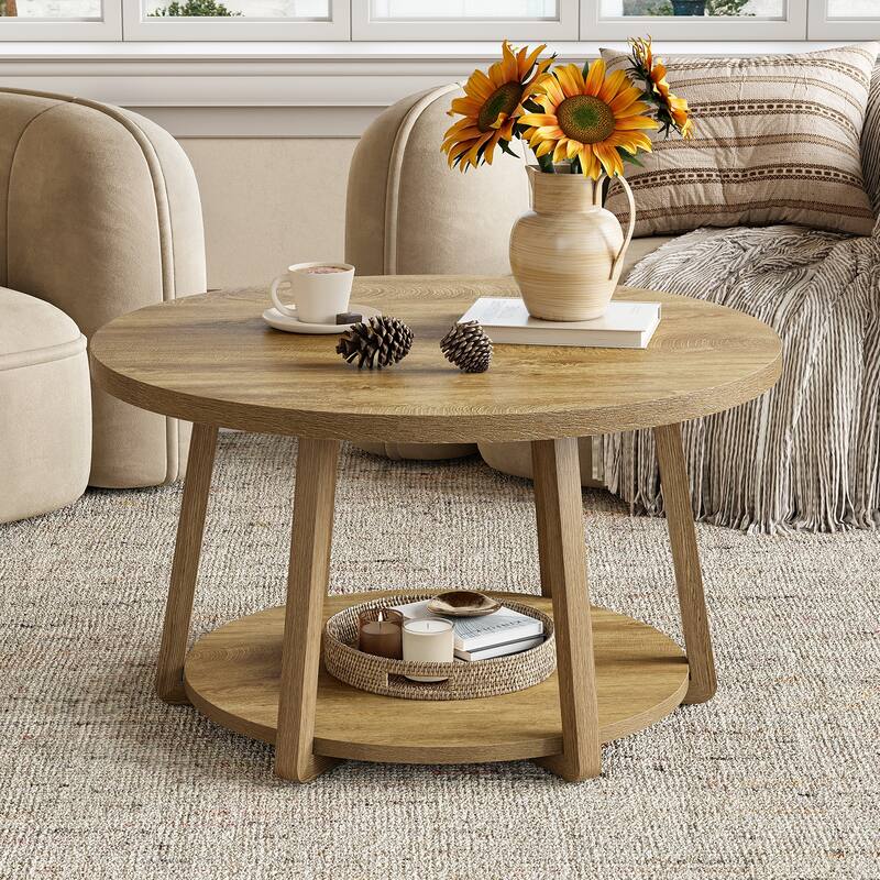 Round Coffee Table, 2-Tier Center Table with Storage, Wooden Legs
