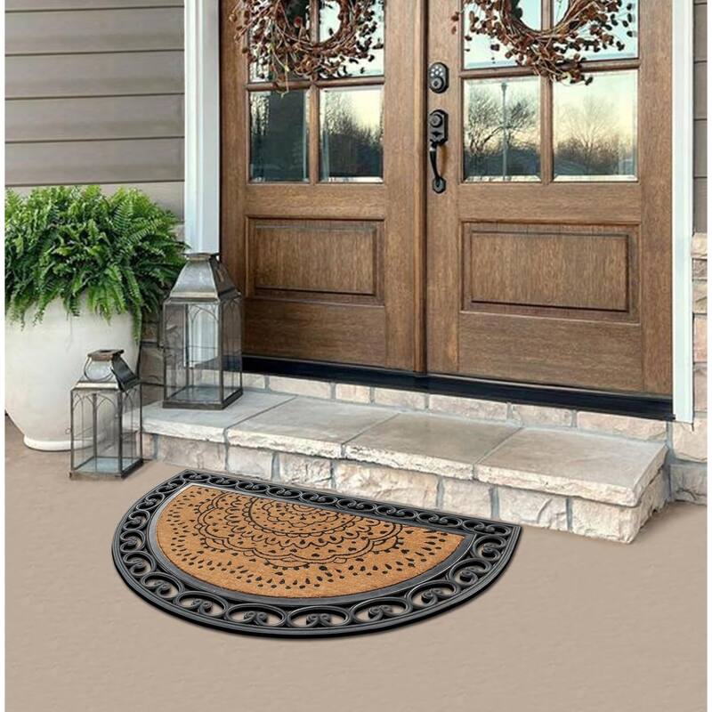 A1HC Floral Design Half Round Rubber and Coir Large Outdoor Entrance Durable Doormat 30"X48"