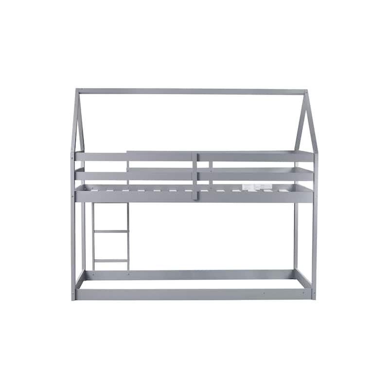 Twin over Twin Rubber Wood Floor Bunk Bed, with ladder,Guardrails,House-Shaped-Bunk Bed