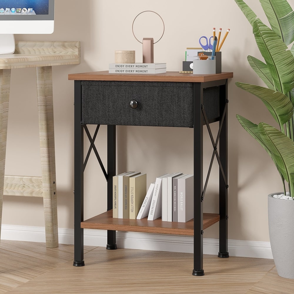 VECELO X Frame Nightstand with Removable Fabric Drawer Easy to Clean Nightstand Multifunctional End Table with Open Shelf