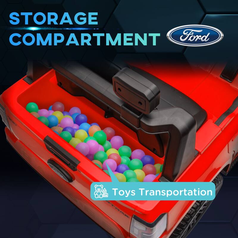 Qaba 12V Ford Ranger Licensed Kids Ride On Truck, Parental Remote Control, Toy Storage, Suspension, LED Lights, Music, Black