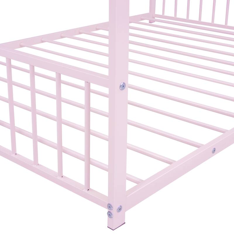 Twin/Full Size Montessori Floor Bed for Kids, Metal House Bed Frame w/Fence & Roof, Kids Playhouse Bed, Metal Platform Bedframe