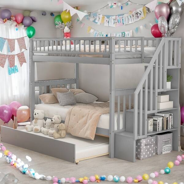 slide 2 of 26, Twin over Twin Bunk Bed with Trundle and Storage,4 Storage Shelves On The Side,2 Color Gray
