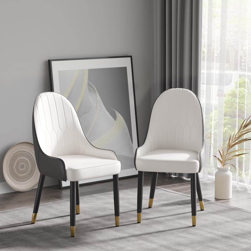 Modern PU Leather Set of 2 Dining Chairs with Metal Legs - white&brown