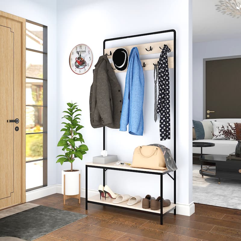 Lotus Home Oak Color Hall Tree 32" Wide with Bench and Shoe Storage - 31.5*11.5*67 inches