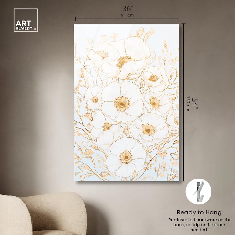 White and Gold Poppies II Acrylic by Art Remedy, Ready to Hang