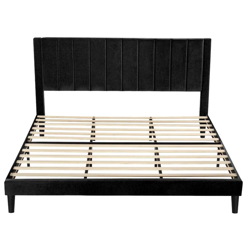Velvet Upholstered Platform Bed Frame with Sturdy Slats and Headboard