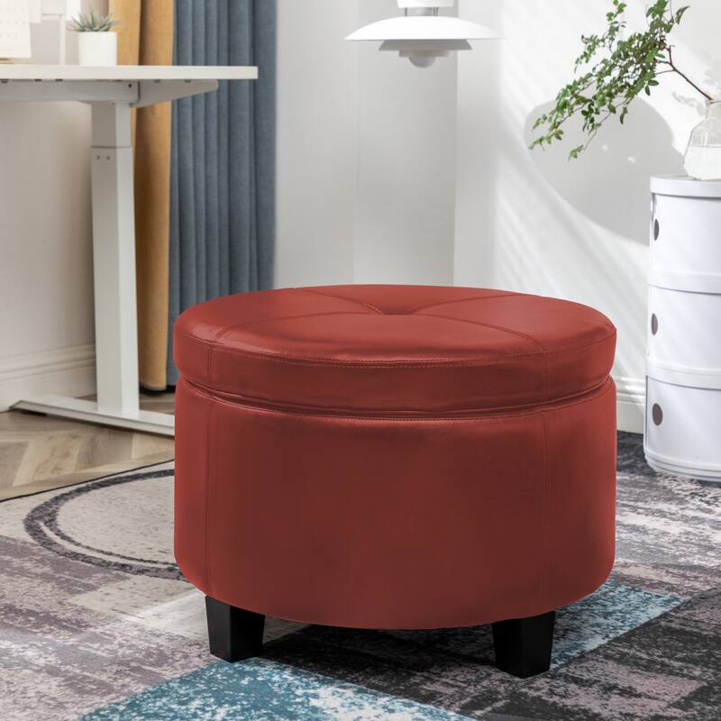 Porthos Home Donn Faux Leather Round Storage Ottoman with Rubberwood Legs