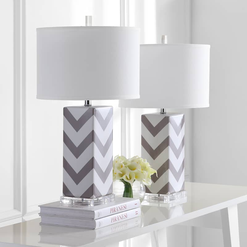 SAFAVIEH Lighting Josette 27-inch Navy Chevron Stripe Table Lamp (Set of 2) - 15"x15"x27" - 15Wx15Dx27H - Grey
