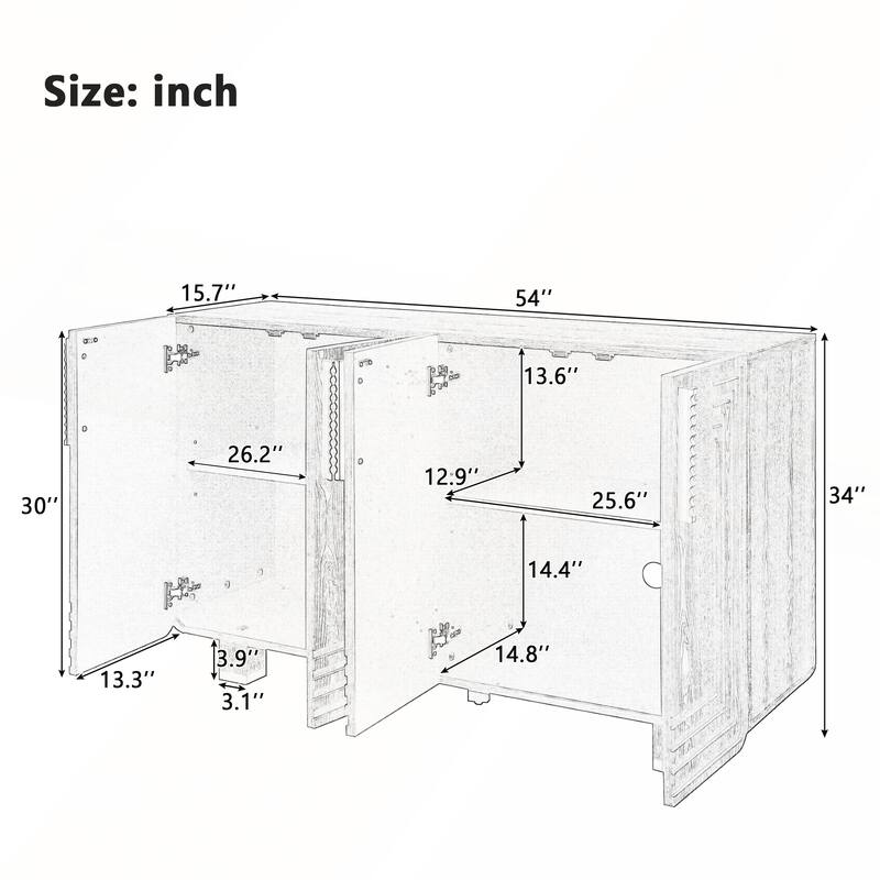 4 Doors Vintage Fluted Sideboard Cabinet with Adjustable Shelves