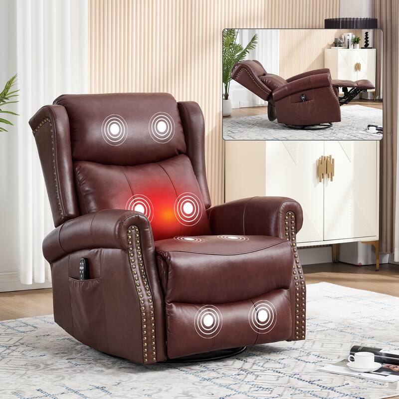 RoomfittersLeather Manual Swivel Rocker Recliner Chair with Heat and Massage Glider Lounge Sofa for Living Room - Dark Red