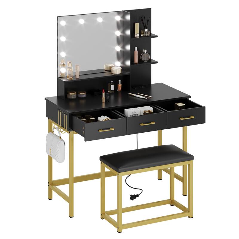 Makeup Vanity Desk Stool Set with Lighted Mirror & USB Power Outlet
