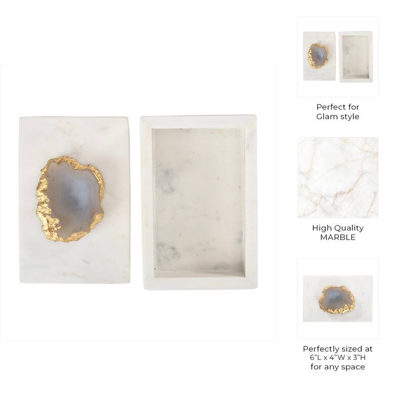 Marble Agate Top Lidded Storage Box - White/Gold - 6" x 4" x 3.25"