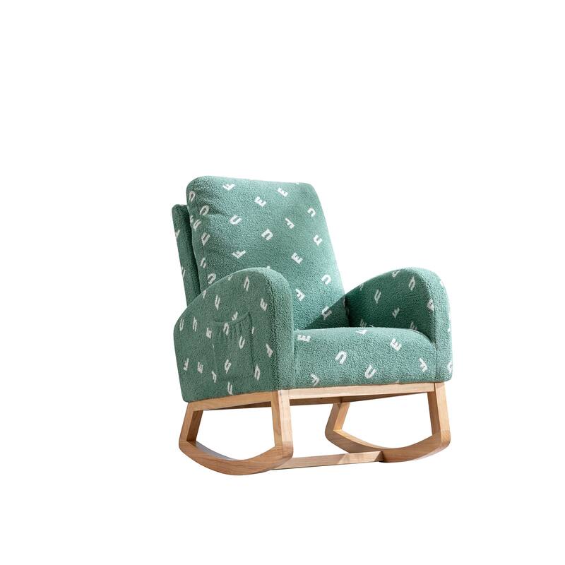 Modern Upholstered Rocker Armchair With Side Pocket, High Back Wooden Nursery Chair