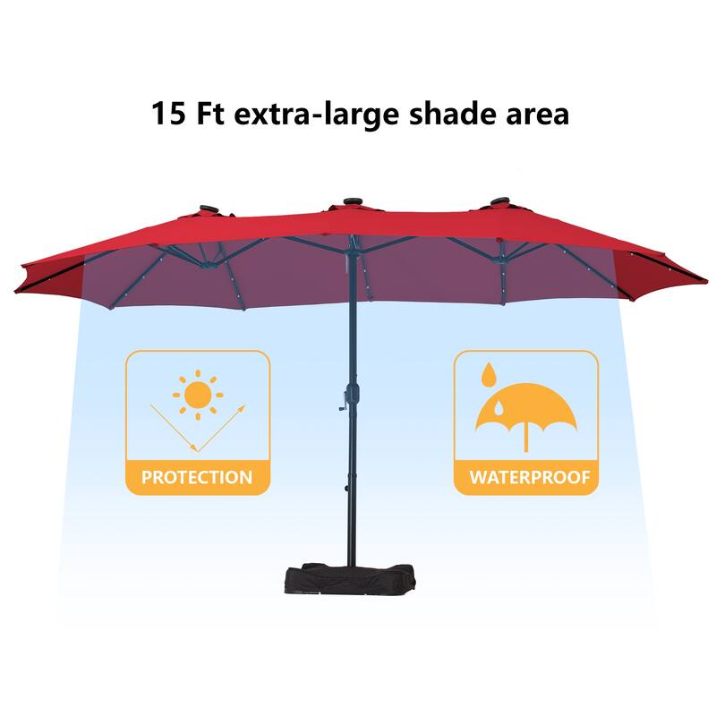 Clihome 15FT Double-Sided Solar Light Market Crank Umbrella with Base