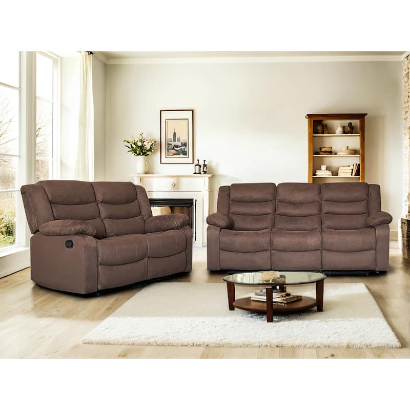 2-Piece Suede Fabric Manual Reclining Living Room Sofa Set - Loveseat+Sofa - Brown