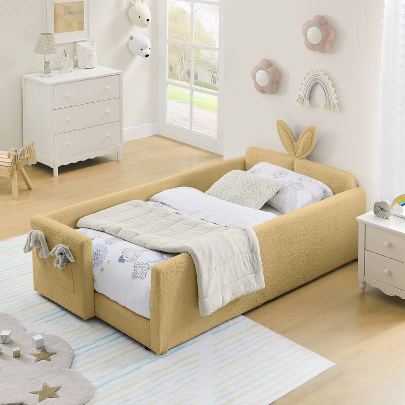 Twin Upholstered Platform Bed with Bunny Ear Headboard, Safety Rail & Pocket in Boucle Fabric - Yellow - Twin
