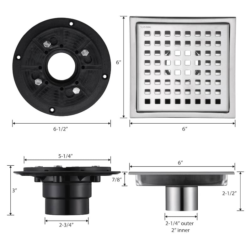 Luxier FD01 6 in. x 6 in. Stainless Steel Square Shower Floor Drain