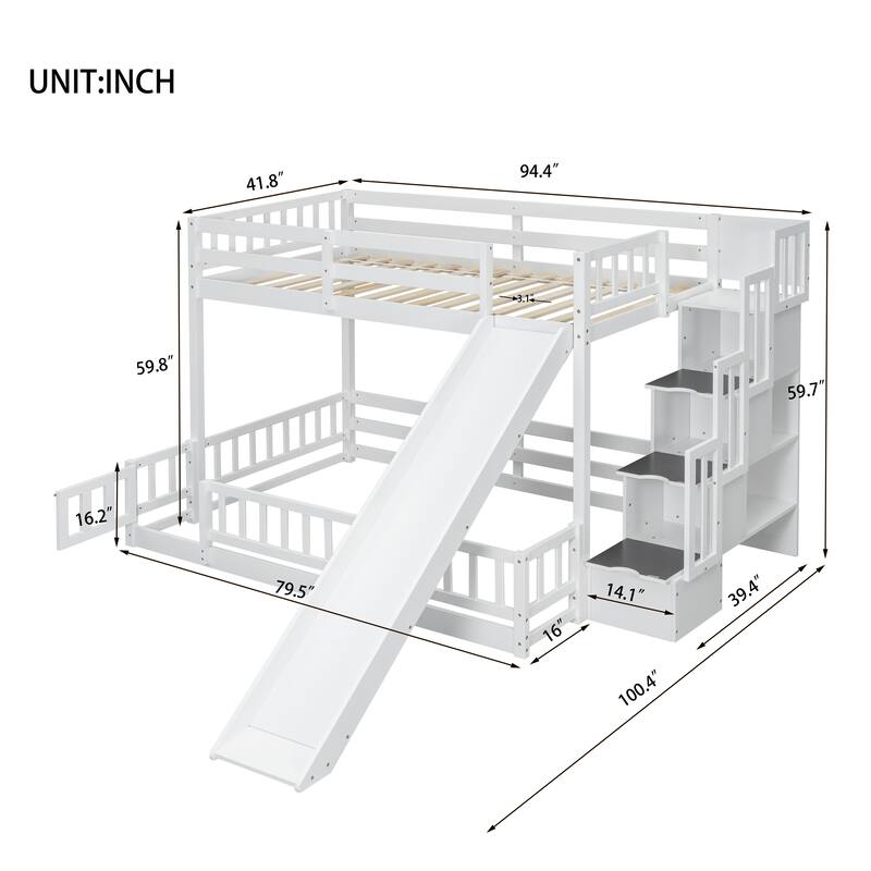 Twin Over Full Pine Wood Bunk Bed with Slide, Storage Staircase, and Safety Guardrails