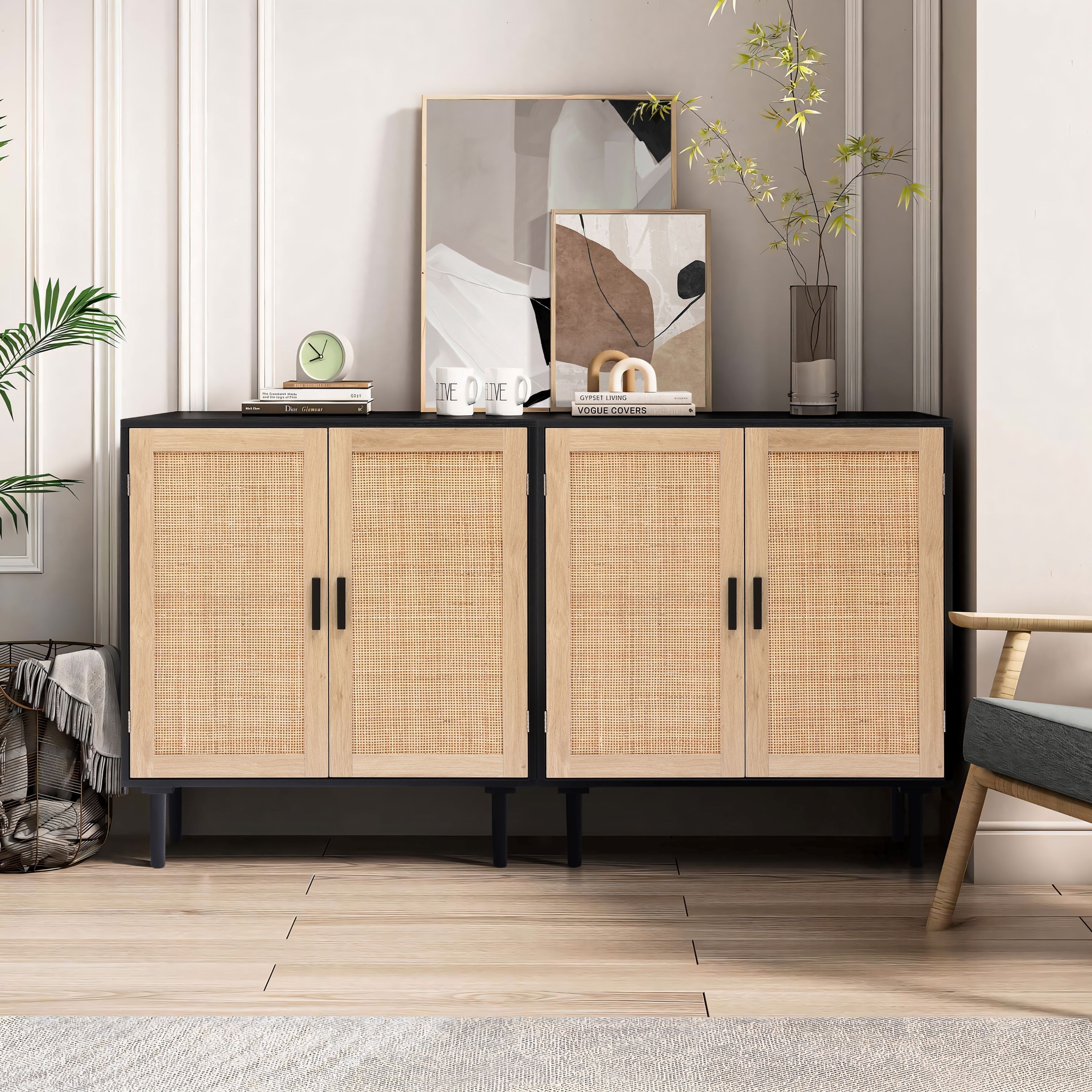 Black and Brown Wood 31.5" Wide Sideboard Cabinet with Wood-Woven Doors (Set of 2)
