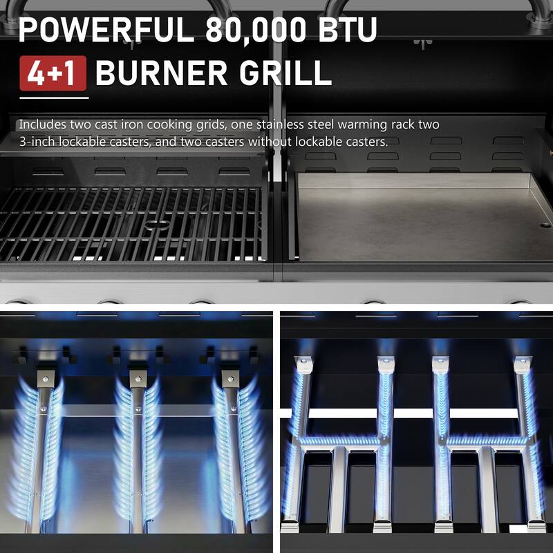 64-Inch 5-Burner Outdoor Gas Grill with Left BBQ & Right Teppanyaki Griddle for Patio, Garden, Backyard