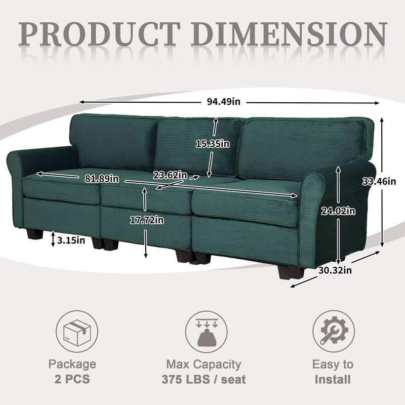 94.49" Corduroy Fabric 3-Seater Sectional Sofa