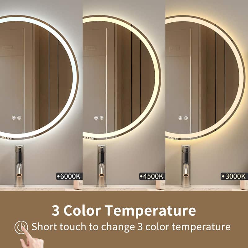 Circular LED Anti-Fog Mirror for Bathroom, Three-Color Lighting Adjustable