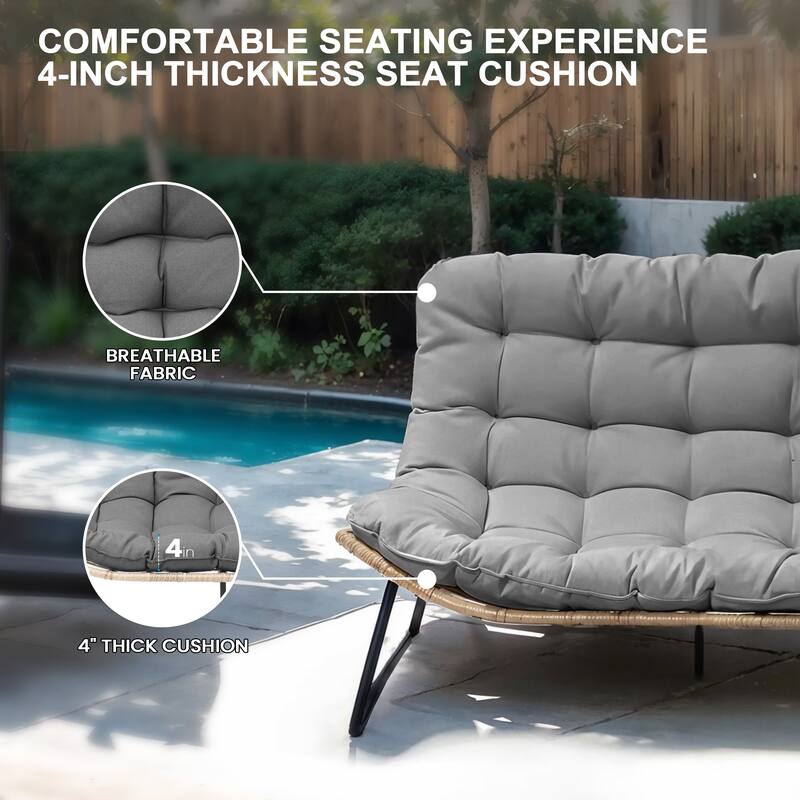 Double Papasan Chair Loveseat Oversized All-weather PE Rattan Chair with Cushion