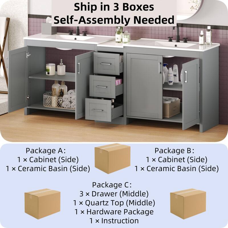 84" Double-Sink Bathroom Vanity with Quartz Countertop, 2 Ceramic Sinks, 3 Drawers, and Adjustable Shelves
