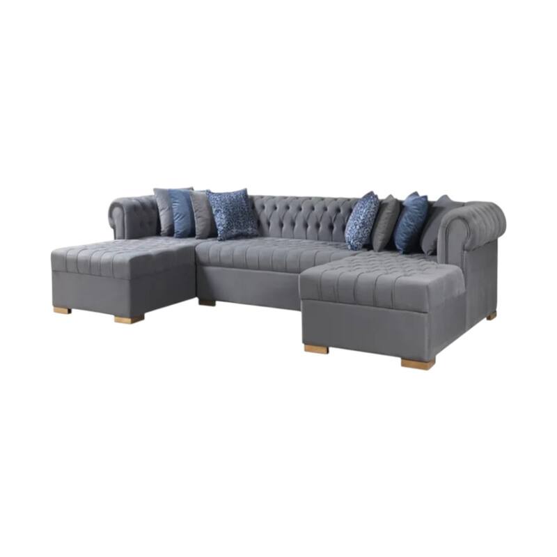 HomeRoots Gray Velvet U Shaped Three Piece Sofa and Chaise Sectional With Toss Pillows