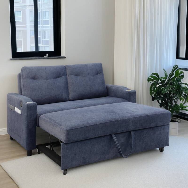 Lounge Sofa Loveseat Sofa Bed with USB Charging Port & Storage Pocket, Sleeper Couch with Reclining Backrest